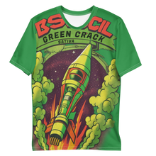 Load image into Gallery viewer, "Relaxed and slightly wrinkled Green Crack spaceship t-shirt, emphasizing its comfortable fit and the playful rocket ship design, inspired by the uplifting Green Crack cannabis strain.