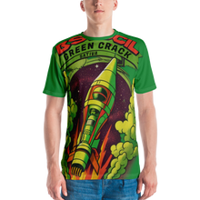 Load image into Gallery viewer, "Front view of a man confidently donning the Green Crack spaceship t-shirt, displaying its vibrant green color and unique rocket ship design, embodying the spirit of the Green Crack cannabis strain.