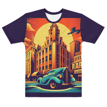 Load image into Gallery viewer, etro Revelry Steampunk Tee laid flat, showcasing the vibrant all-over 40s comic art with subtle green undertones, ready for the discerning eye.