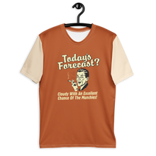 Load image into Gallery viewer, Orange shirt with vintage photo design and "Forecast today cloudy with a chance of munchies on a hanger