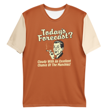 Load image into Gallery viewer, Orange shirt with vintage photo design and "Forecast today cloudy with a chance of munchies - as a flat out shirt