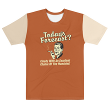 Load image into Gallery viewer, Orange shirt with vintage photo design and "Forecast today cloudy with a chance of munchies - stretched out flat shirt frint