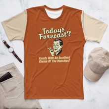 Load image into Gallery viewer, Orange shirt with vintage photo design and "Forecast today cloudy with a chance of munchies - Office