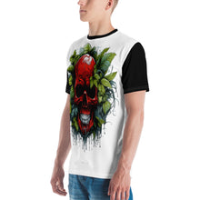 Load image into Gallery viewer, Durban Poison Red Skull Shirt - The Covert Hint at Your Fave StrainModel posing right, the Covert Crimson Tee's green leafy accents subtly peeking out, inviting speculation and shared secrets.