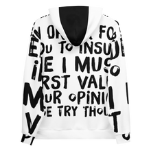 Load image into Gallery viewer, Back view of the ChillWave 'Value Your Opinion' Hoodie in white, emphasizing the comfortable fit and minimalist design, perfect for any gender.