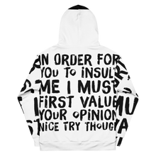 Load image into Gallery viewer, Back view of the ChillWave 'Value Your Opinion' Hoodie in white, emphasizing the comfortable fit and minimalist design, perfect for any gender., hood up.