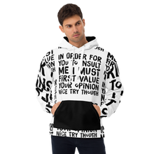 Load image into Gallery viewer, Model dons the ChillWave Hoodie, front view, featuring the defiant 'Value Your Opinion' text, black pocket, and hood interior, embodying comfort and cool defiance.