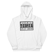 Load image into Gallery viewer, "Eco-conscious white unisex hoodie featuring the iconic Parental Advisory logo, with ultra-soft brushed fleece interior."